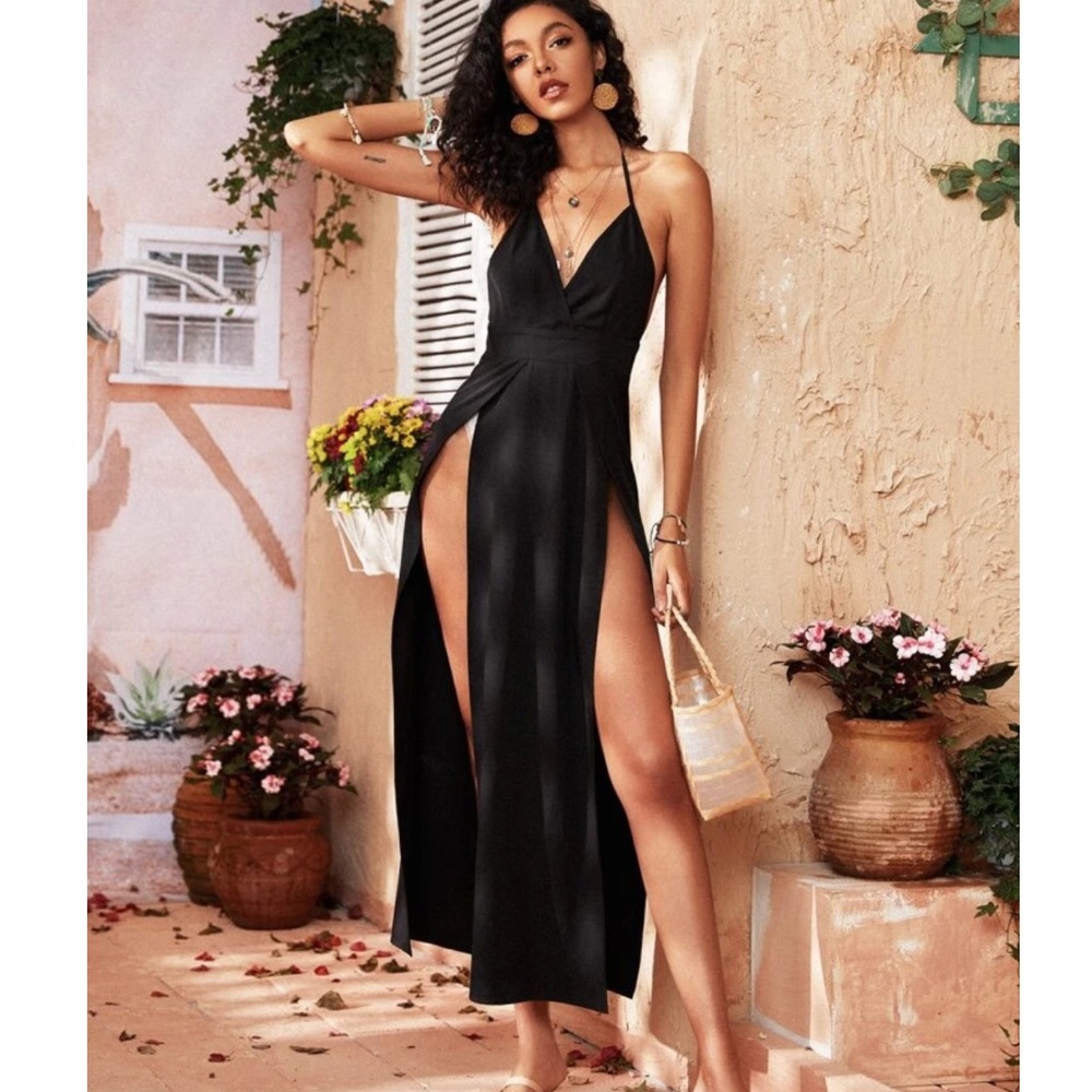 Backless Wrap Hem Halter Dress